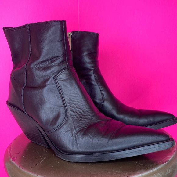 Zara Shoes Zara Western Angled Heel Black Leather Ankle Boot Poshmark